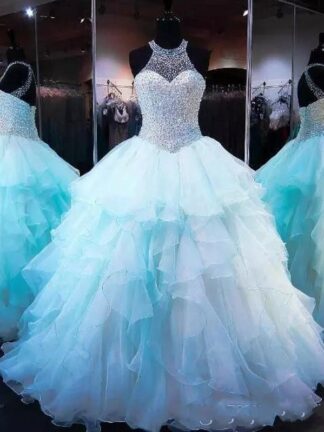 Купить 2020 Ice Blue Ruffles Organza Ball Gown Quinceanera Dresses Luxury Beads Pearls Bodice Lace Up 16 Sweet Prom Gowns
