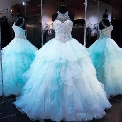 Купить 2020 Ice Blue Ruffles Organza Ball Gown Quinceanera Dresses Luxury Beads Pearls Bodice Lace Up 16 Sweet Prom Gowns