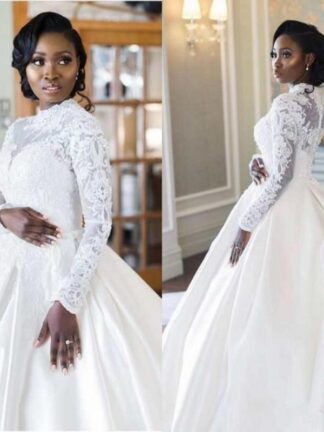 Купить Elegant African Long Sleeve High Neck Muslim Wedding Dresses 2020 Plus Size Lace Appliques Satin A Line Wedding Pearls Bridal Gowns