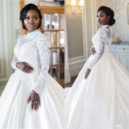 Купить Elegant African Long Sleeve High Neck Muslim Wedding Dresses 2020 Plus Size Lace Appliques Satin A Line Wedding Pearls Bridal Gowns