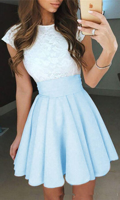 Купить Light Sky Blue Lace Graduation Short Prom dresses Bateau Neck Satin Ruched Mini Homecoming Party Cocktail Dress For Girls Formal