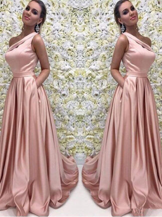 Купить Rose Gold Long Prom Dress Elegant One Shoulder Sleeveless A Line Floor Length Satin Evening Dresses Bridesmaid Formal Gown With Pocket