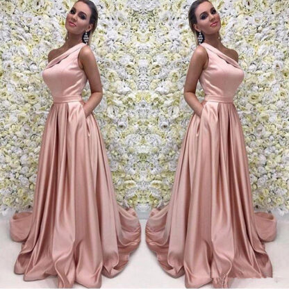 Купить Rose Gold Long Prom Dress Elegant One Shoulder Sleeveless A Line Floor Length Satin Evening Dresses Bridesmaid Formal Gown With Pocket