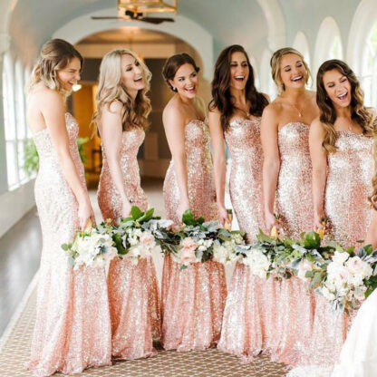 Купить Rose Gold Sequins Mermaid Bridesmaid Dresses Custom Made Sweetheart Long Wedding Guest Dress Evening Party Gowns
