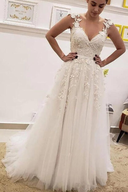 Купить Charming Wedding Dresses Deep V-Neck Appliques Illusion A Line Sweep Train Church Castle Bridal Gowns Gorgeous Chapel Vestidoe De Noiv