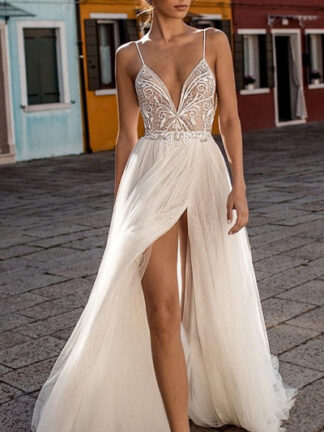 Купить Beach Evening Dresses Side Split Spaghetti Sexy Illusion Boho A-Line Prom Pearls Backless Bohemian Bridal Gowns