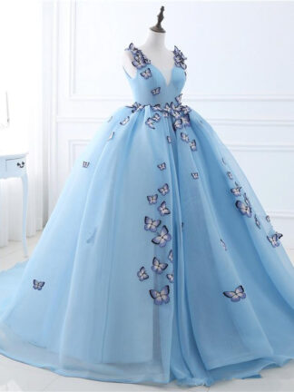 Купить 2022 Stock V-neck Butterfly Flowers Ball Gowns Long Prom Dress Blue Puffy High Quality Event