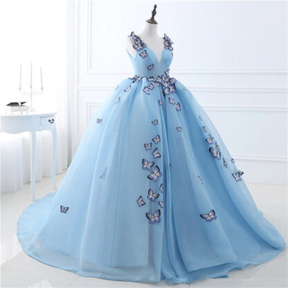 Купить 2022 Stock V-neck Butterfly Flowers Ball Gowns Long Prom Dress Blue Puffy High Quality Event