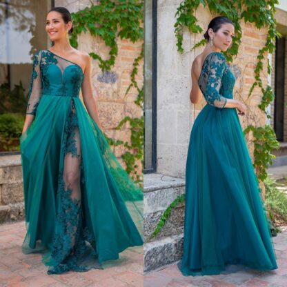 Купить 2020 Chic Turquoise Lace Bridesmaid Dresses One Shoulder A Line Sheer Long Sleeve Plus Size Country Maid Of Honor Gowns Prom Dress