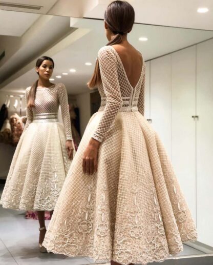 Купить Elegant Bige Color Unique Lace Evening Dresses Full Sleeves V-Back Ankle Length Prom Gowns Party robes de soirée