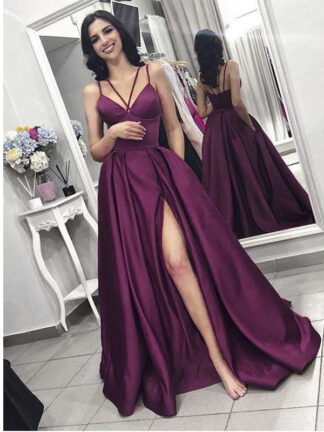 Купить Burgundy Evening Dresses elegant Prom Dress with slit women satin formal party gown robe soiree vestido de festa