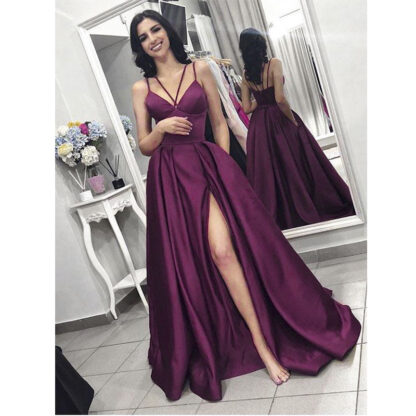 Купить Burgundy Evening Dresses elegant Prom Dress with slit women satin formal party gown robe soiree vestido de festa