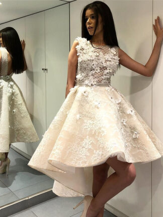 Купить New A Line Beige Short Prom Dresses 3D Floral Applique Backless Jewel Neck Pleats HI-Lo Elegant Formal Dress Evening Gowns Vestidos