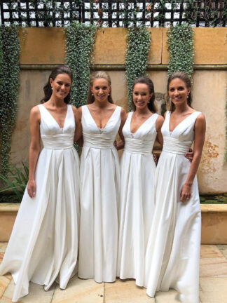 Купить Empire Pleated Bridesmaid Dresses 2022 Country Style V Neck A Line Floor Length Satin Custom Made Prom Dress Formal Party Wear