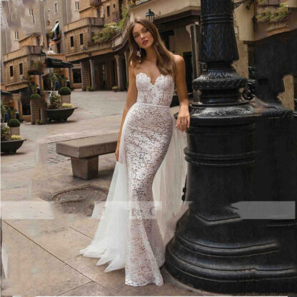 Купить 2022 Lace Mermaid Bridal Dress Appliques Sleeveless Beach Wedding Dresses Vintage Detachable Train Turkey Gown