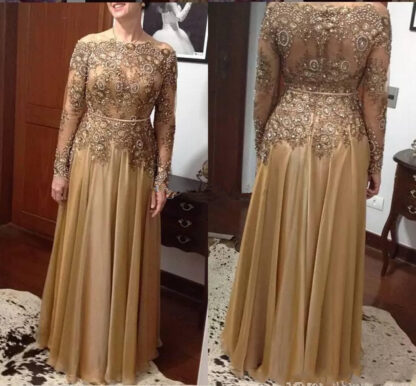 Купить Gold Plus Size Mother Of The Bride Dresses Long Sleeve Bateau A Line Lace Beaded Crystal Chiffon Wedding Guest Gowns Mother's