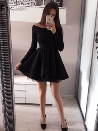 Купить Long Sleeve Short Elegant Cocktail Dresses vestidos coctel mujer A Line Pleated Black Homecoming Graduation evening