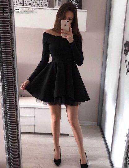 Купить Long Sleeve Short Elegant Cocktail Dresses vestidos coctel mujer A Line Pleated Black Homecoming Graduation evening