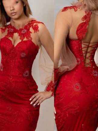 Купить 2022 Red Mermaid Evening Dresses Lace Appliques High Collar Full Sleeves Backless Long Formal Gowns robes de soirée