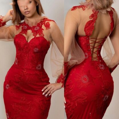 Купить 2022 Red Mermaid Evening Dresses Lace Appliques High Collar Full Sleeves Backless Long Formal Gowns robes de soirée