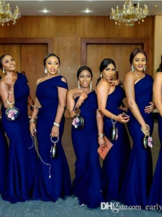 Купить 2020 Cheap Royal Blue One Shoulder Mermaid Bridesmaid Dresses Sweep Train African Country Wedding Guest Gowns Maid Of Honor Dress Plus Size