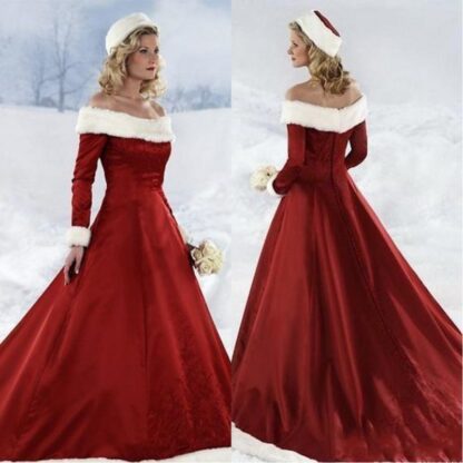 Купить 2020 Hot long sleeve Red Christmas dresses winter fall dresses A-line Wedding Dresses Off-shoulder Satin Christmas Bridal Dress