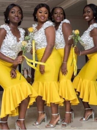 Купить Yellow Mermaid Bridesmaid Dresses Tea Length High Low V Neck Handmade Flowers Applique Beaded Sleeveless Custom Made Maid of Honor Gown