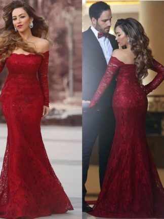Купить Burgundy Lace Mother of Bride Groom Dresses Long Sleeves Off Shoulder Arabic Evening Party for Plus Size