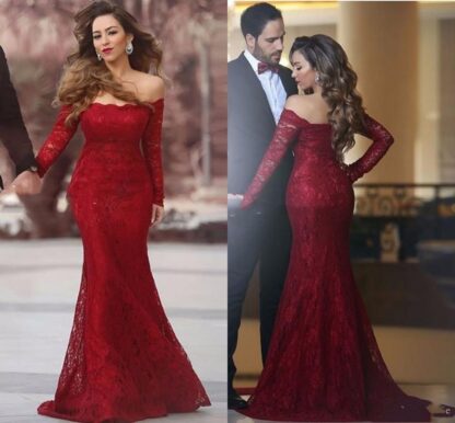 Купить Burgundy Lace Mother of Bride Groom Dresses Long Sleeves Off Shoulder Arabic Evening Party for Plus Size