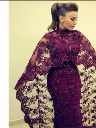 Купить Abaya In Dubai Purple Lace Mermaid Muslim Evening Dresses Arabic Celebrity Formal Party Gowns Yousef Aljasmi Kaftan Prom With Cape