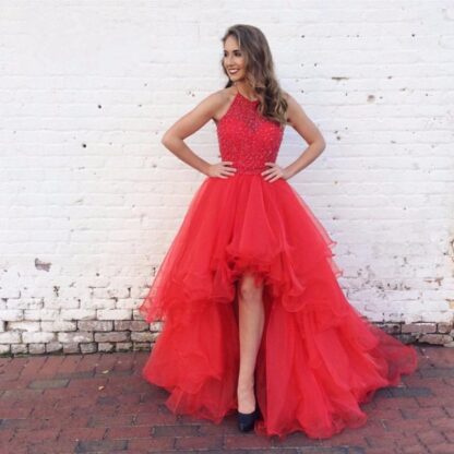 Купить Short Front Long Back Red Prom Dresses Halter Neck Beads Tulle High Low A Line Girls Party Gowns Custom evening dress