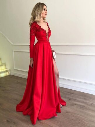 Купить New A Line Red Long Sleeves Split Front Prom Dresses Abiti Da Festa Mother Of The Bride Evening Gown