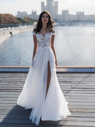 Купить Beach Wedding Dress Lace Appliques Tulle Summer Bride Side Slit Gowns Elegant Long Robe De Mariee