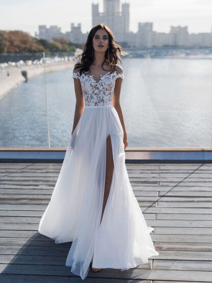Купить Beach Wedding Dress Lace Appliques Tulle Summer Bride Side Slit Gowns Elegant Long Robe De Mariee