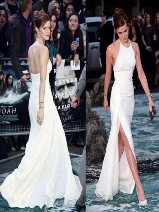 Купить 2021 New Elegant Emma Watson Celebrity Dresses Halter Neck Backless White Chiffon Side-split Floor-Length Evening Prom robe soirée de mariage