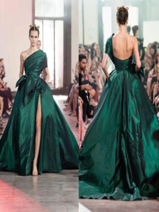 Купить Elie Saab Dark Green Evening Dresses One Shoulder Arabic Sexy High Split Formal Women Prom Gowns Vestidos De Novia