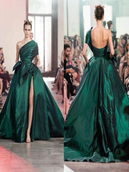 Купить Elie Saab Dark Green Evening Dresses One Shoulder Arabic Sexy High Split Formal Women Prom Gowns Vestidos De Novia