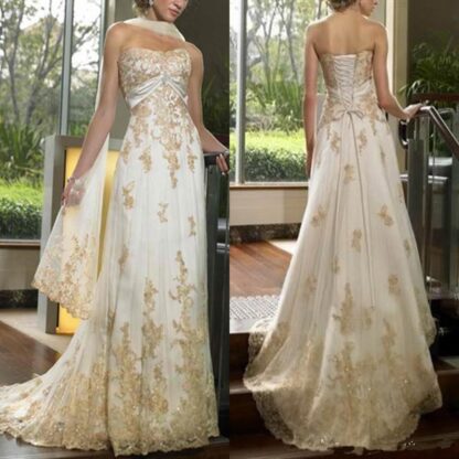 Купить Luxury Gold Lace Applique Wedding Gown Dresses with Wrap 2022 Vintage Sweetheart Gothic Lace-up Back Shiny Beaded Bride