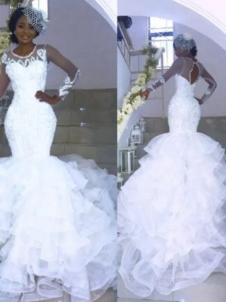 Купить 2020 Sexy Sheer See Through African Wedding Dresses Long Sleeves Open Back Tiered Skirts Nigerian Bridal Wedding Gowns