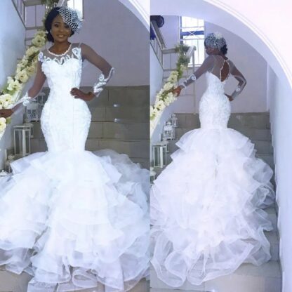 Купить 2020 Sexy Sheer See Through African Wedding Dresses Long Sleeves Open Back Tiered Skirts Nigerian Bridal Wedding Gowns