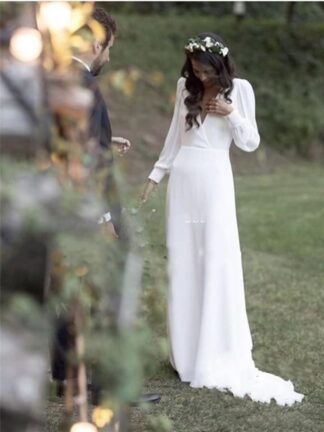 Купить 2022 New Bohemian Sheath White Wedding Dresses V Neck Backless Sweep Train Chiffon Beach Garden Country Bridal vestido de novia Plus Size