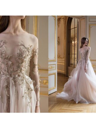 Купить Spring Evening Dresses Fairy Long Gowns Illusion Sleeve Appliqued Tulle Elegant Prom Party Dress Slash Neck Formal