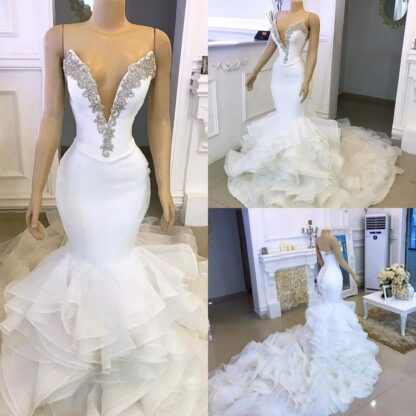 Купить 2020 Vestidos Major Crystal Beaded Sweetheart Wedding Dresses Organza Tiered Cascading Ruffles Lace Up Wedding Gowns