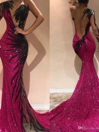 Купить 2020 Sexy One Shoulder Sequins Mermaid Evening Dresses Tulle Lace Applique Sweep Train Formal Party Prom Dresses BC0468