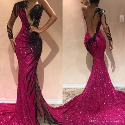 Купить 2020 Sexy One Shoulder Sequins Mermaid Evening Dresses Tulle Lace Applique Sweep Train Formal Party Prom Dresses BC0468