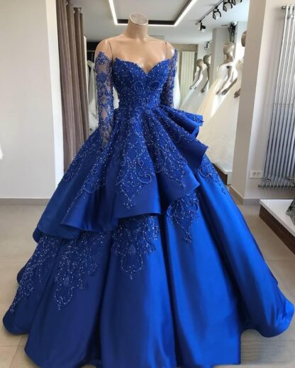 Купить Royal Blue Vintage Ball Gown Quinceanera pageant Dresses Off Shoulder Long Sleeves Beads Sequined Vestidos De 15 Anos Sweet 16 Prom Gowns