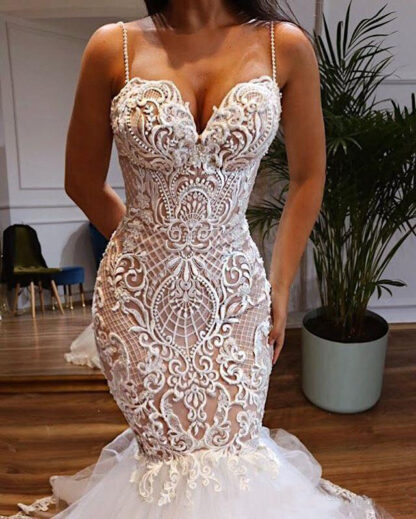 Купить Lace Dress Mermaid Wedding Dresses Spaghetti Strap Sweetheart Neckline Bridal Gowns Trumpet Beads Vestido De Novia