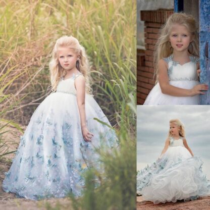 Купить 2020 Princess Sleeveless V Back Lace Crystal Flower Dresses Blue Custom Made Girls Kids Evening Gowns First Communion Dress