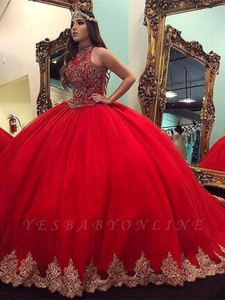Купить 2020 Luxury Red High Neck Ball Gown Satin Quinceanera Dresses For Girls Appliques Long Sweet 16 Prom Dresses Formal Gowns BC3441
