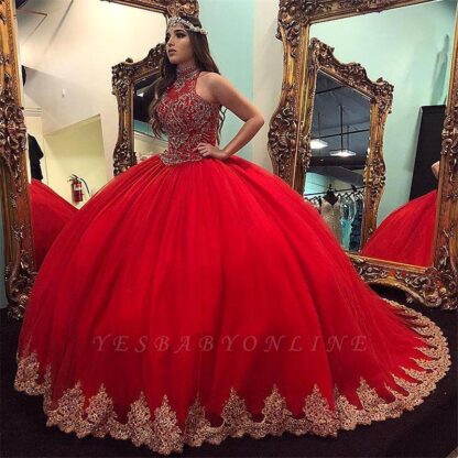 Купить 2020 Luxury Red High Neck Ball Gown Satin Quinceanera Dresses For Girls Appliques Long Sweet 16 Prom Dresses Formal Gowns BC3441